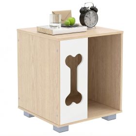 Dog Bed Side Table Wooden Dog Condo with Bone-shape Window and Thick Metal Legs